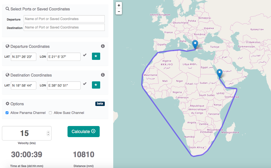 Nautical Distance with Route avoiding Suez Canal