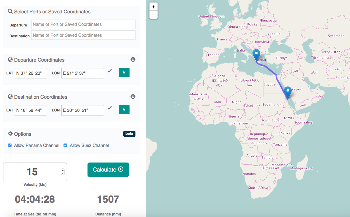 Nautical Distance with Route through Suez Canal